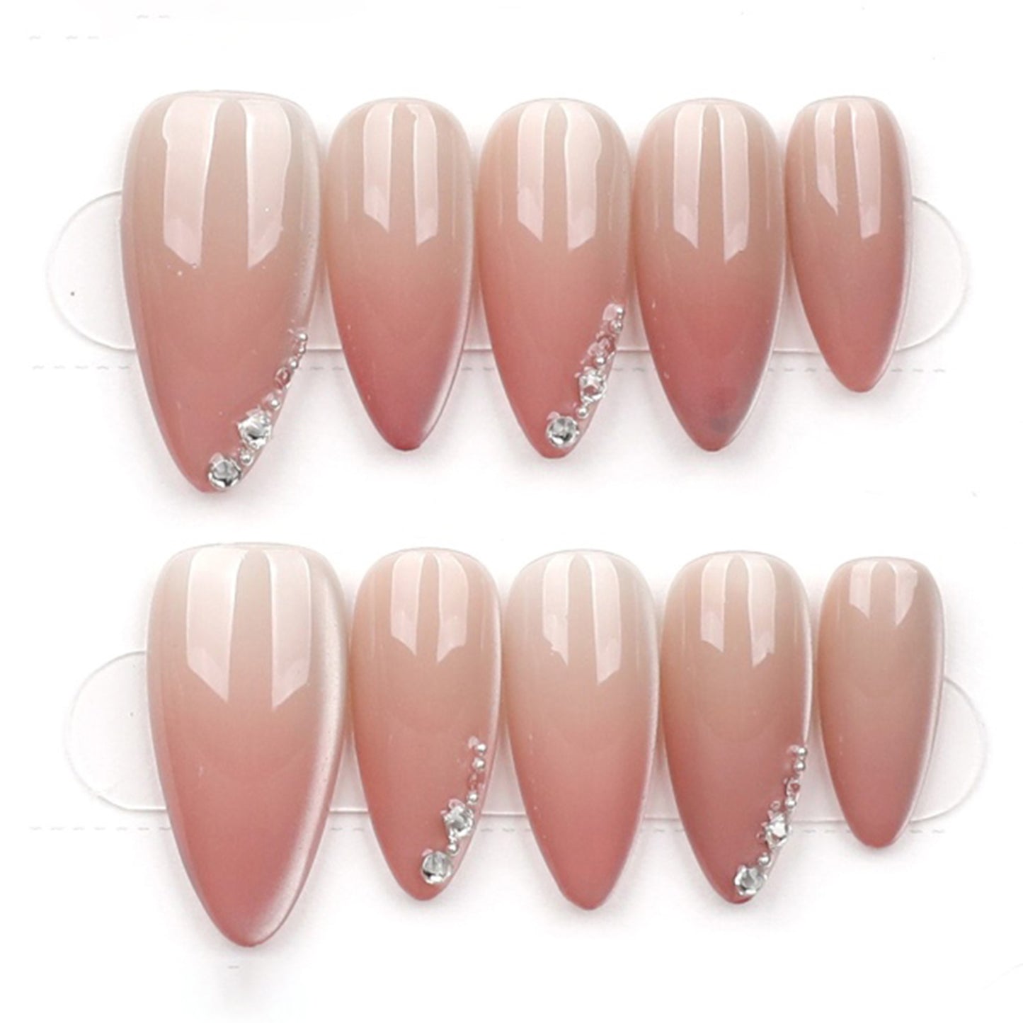 Rosewood Crystal Tip – Burgundy Nude Press-On Nails with Crystal Accents – Coffin Shape – Hand-Made