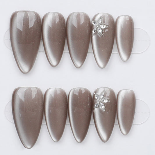 Taupe Glaze Luxe – Marble Taupe with Gold Accent Press-On Nails – Coffin Shape – Hand-Made
