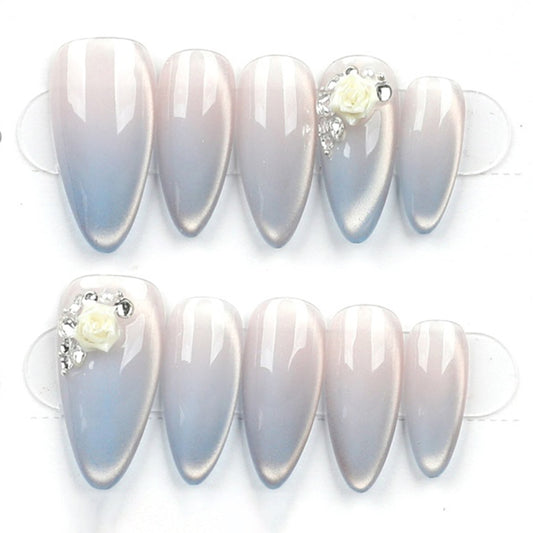 Frosted Rose Ombre – Pink to White Gradient Press-On Nails – Medium Coffin – Hand-Made