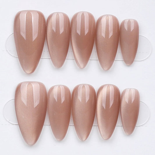 Champagne Glow – Soft Nude & Gold Glitter Press-On Nails – Almond Shape – Hand-Made