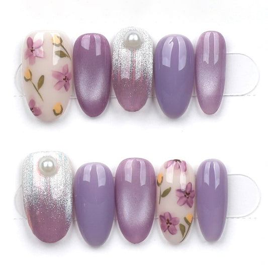 Violet Petal Pearl – Lavender & Iridescent Press-On Nails – Medium Oval – Hand-Made