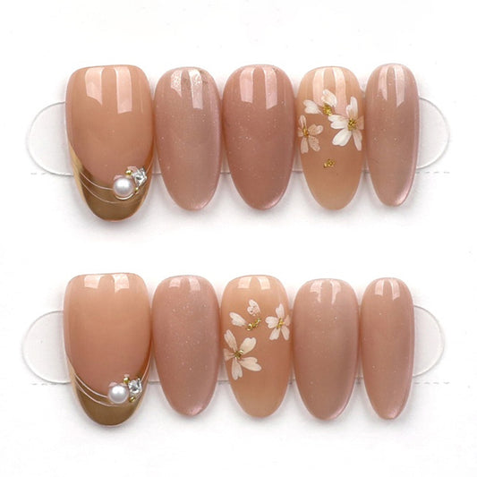 Petal Pearl Nude – Soft Nude Floral & Pearl Accent Press-On Nails – Medium Oval – Hand-Made