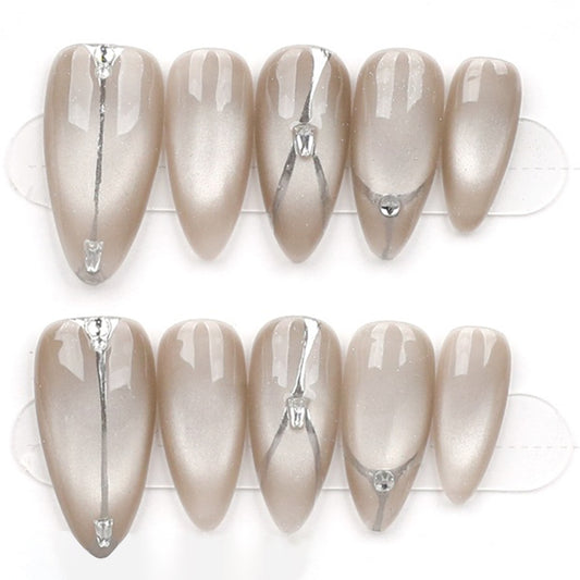 Smoky Taupe Marble – Taupe Marble Press-On Nails – Medium Oval – Hand-Made
