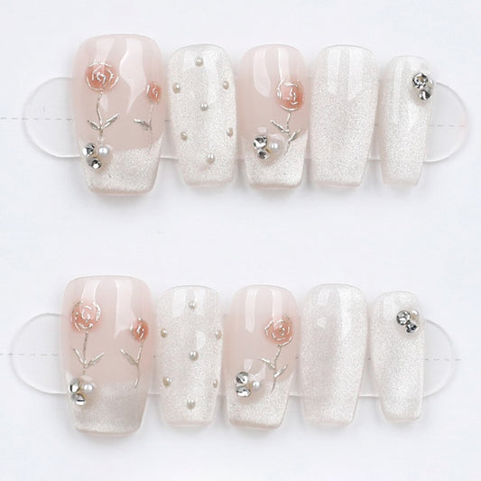 Blushing Rose Pearl – Soft Pink & Iridescent Press-On Nails – Medium Oval – Hand-Made
