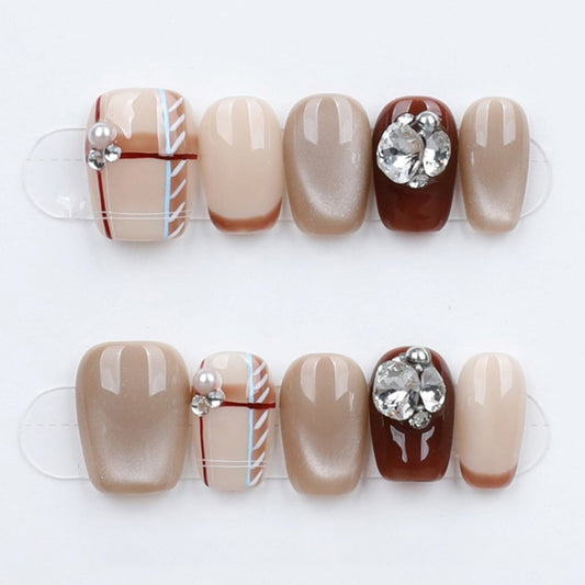 Chestnut Check Crystal Glam - Press Play Nails