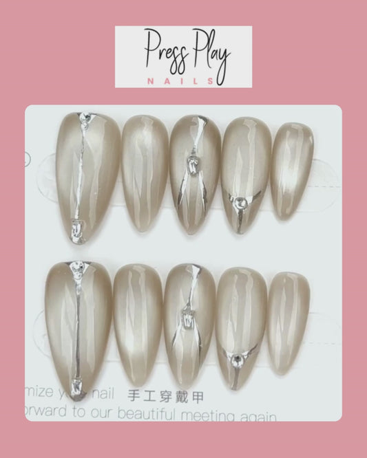Smoky Taupe Marble – Taupe Marble Press-On Nails – Medium Oval – Hand-Made