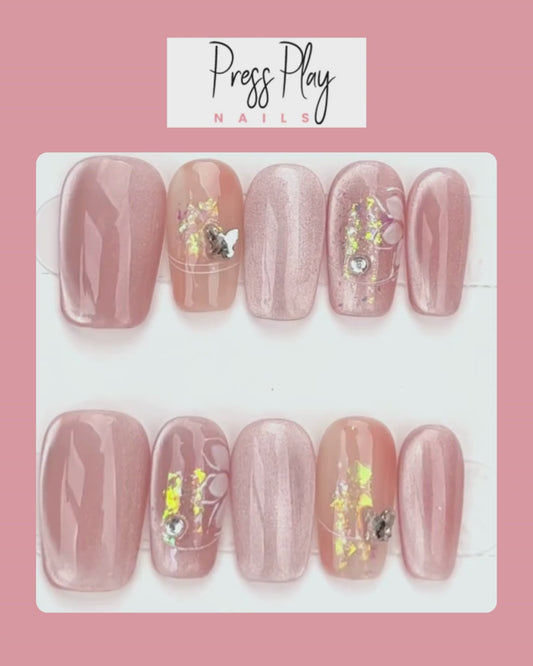 Rose Quartz Sparkle – Pink Shimmer & Gem Accent Press-On Nails – Medium Almond – Hand-Made