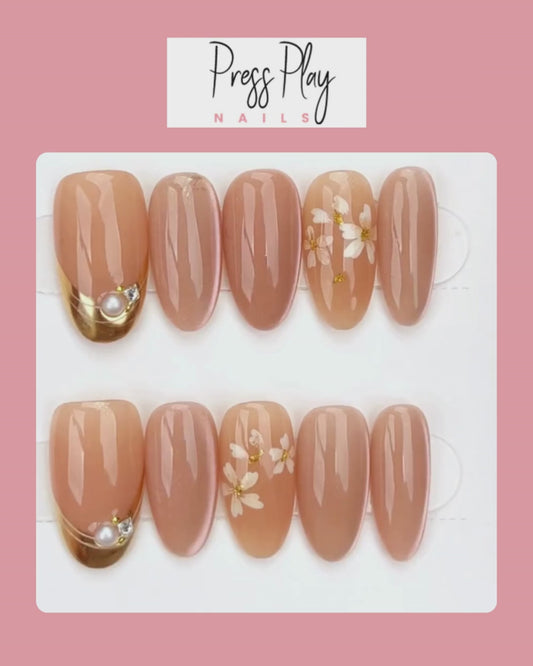 Petal Pearl Nude – Soft Nude Floral & Pearl Accent Press-On Nails – Medium Oval – Hand-Made