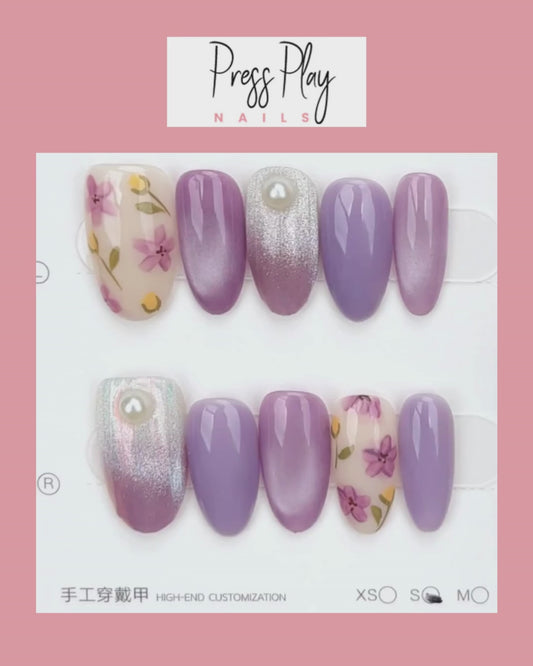 Violet Petal Pearl – Lavender & Iridescent Press-On Nails – Medium Oval – Hand-Made