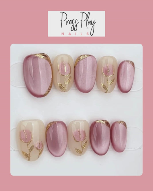 Rose Quartz Bloom – Pink Marble & Gold Flake Press-On Nails -  Medium Oval – Hand-Made