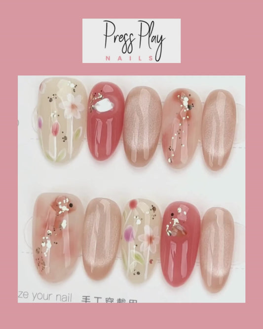 Blossom Petal Mix – Soft Pink & Floral Press-On Nails – Medium Oval – Hand-Made