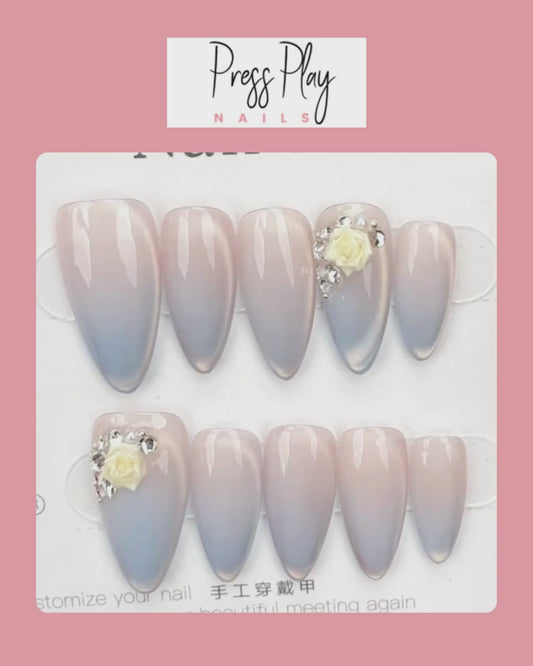 Frosted Rose Ombre – Pink to White Gradient Press-On Nails – Medium Coffin – Hand-Made