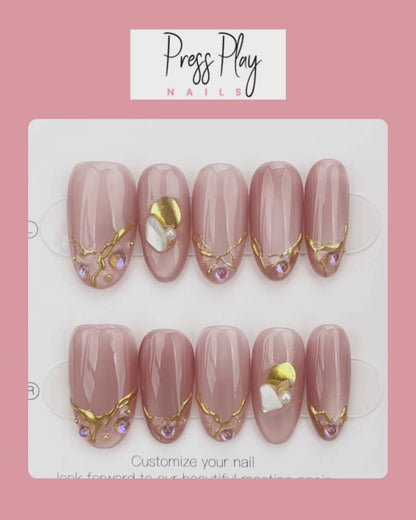 Rose Quartz Pearl – Soft Pink Quartz-Inspired Press-On Nails – Oval Shape – Hand-Made