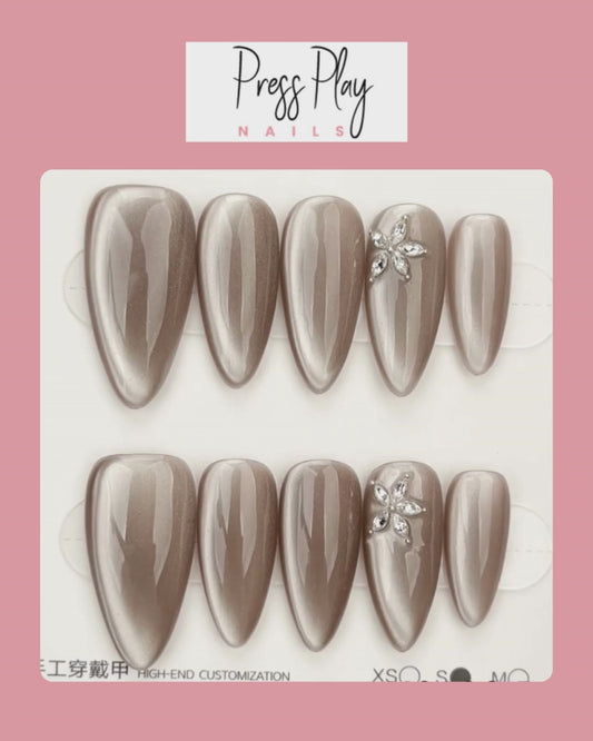 Taupe Glaze Luxe – Marble Taupe with Gold Accent Press-On Nails – Coffin Shape – Hand-Made